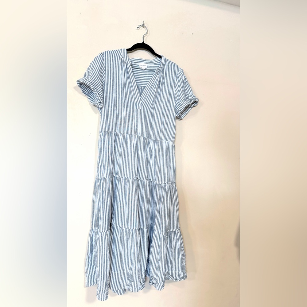 FORCYNTHIA Blue White Striped Linen Blend Tiered Dress Boho Cottagecore Size L